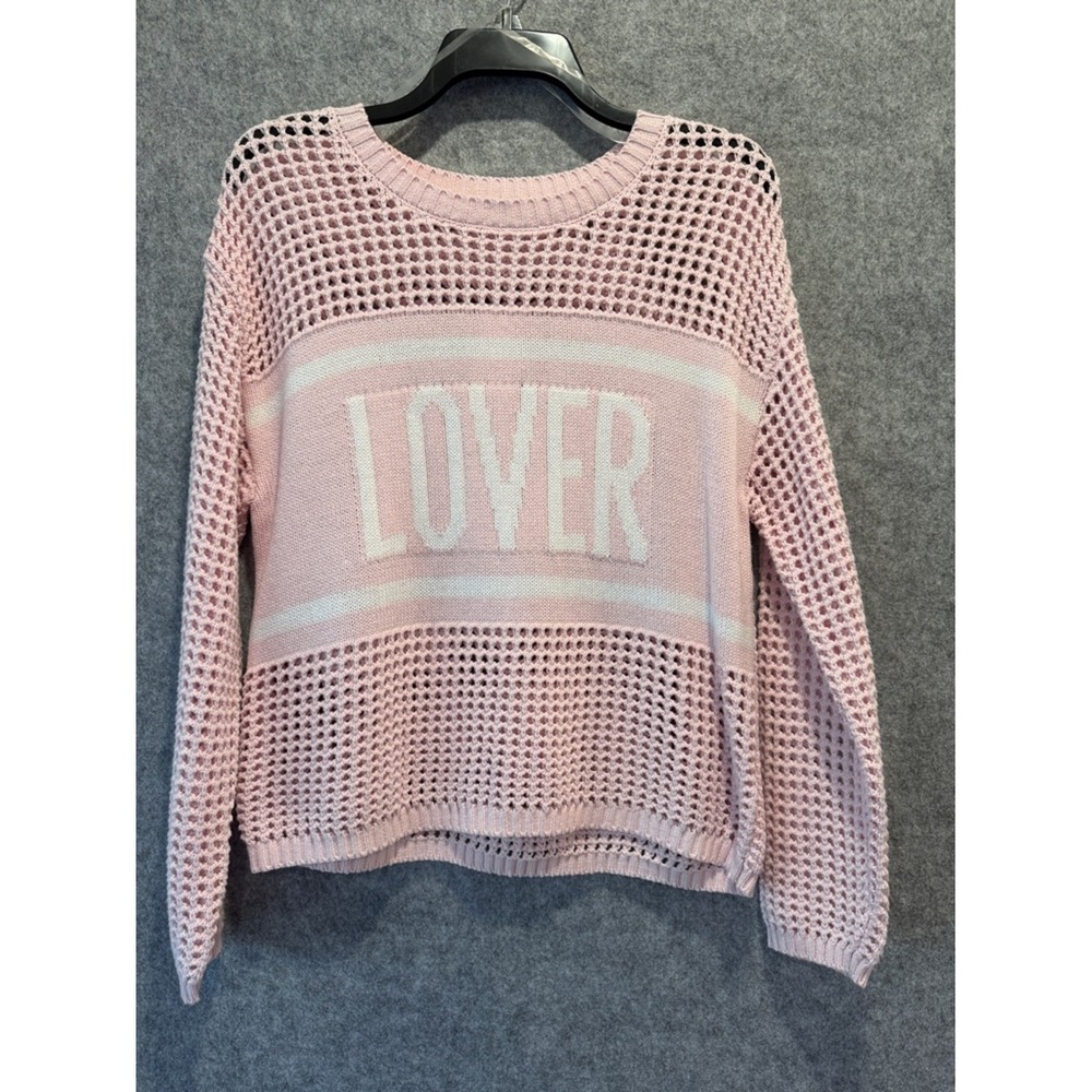 Hooked Up Womens Pink LOVER Graphic Open Knit Mesh Pullover Sweater Small NEW - Picture 2 of 9